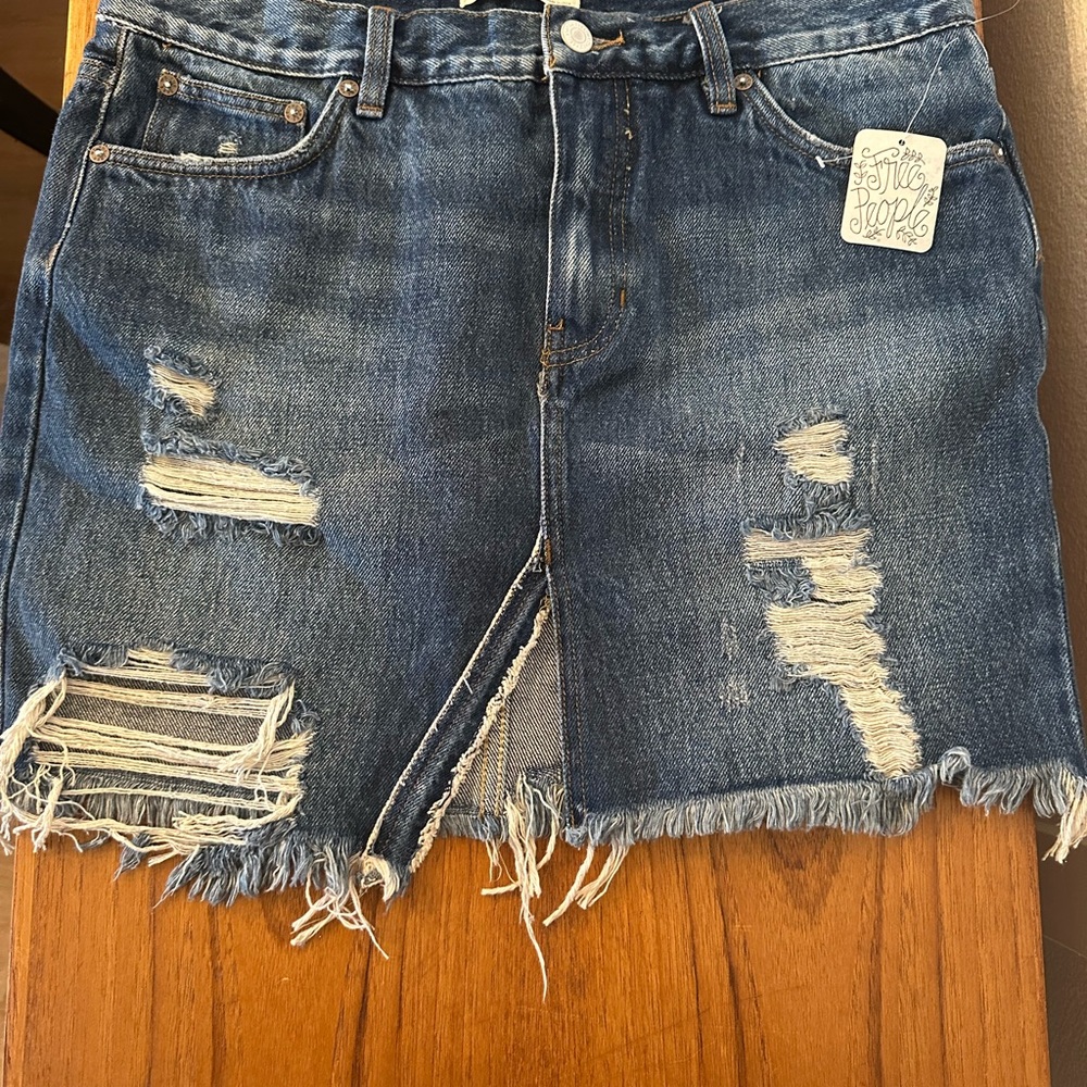 Free People Blue Denim Distressed Mini Skirt size 28 waist NWT